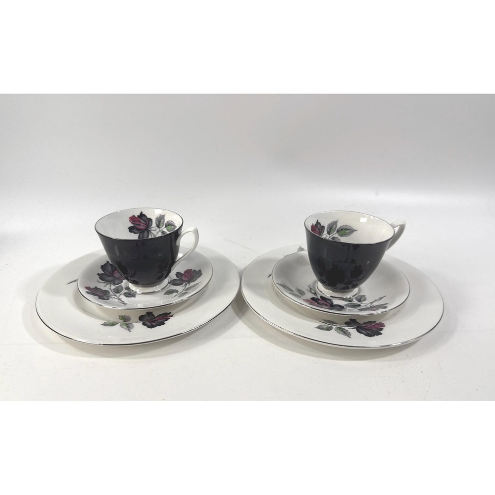 Royal Albert Masquerade teacup saucer and plate set of 2 red and black roses